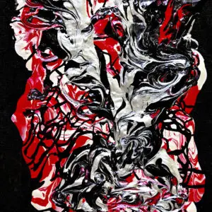 Dramatic original abstract painting featuring swirling silver, crimson, white, and black acrylic forms set against a dark background by artist Gayle Printz