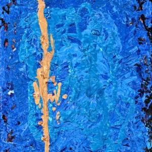 Vibrant blue textured abstract acrylic painting on canvas with a striking vertical gold stroke by Gayle Printz, A World Master Artist.