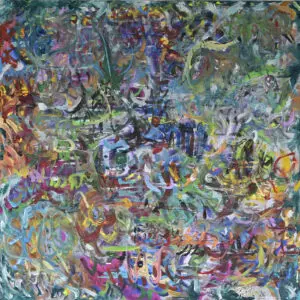 TOGETHER - Square Modern Abstractionist acrylic painting featuring a vibrant, intricate tapestry of multi-colored gestural marks in blue, green, yellow, pink, and red impasto by Gayle Printz.