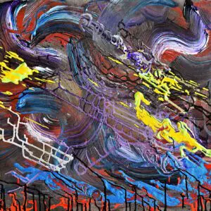 HOTROD by Gayle Printz: fiery, fast, racing motion — original Modern Abstractionist, acrylic on canvas abstract painting