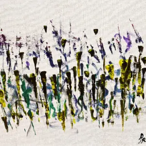 Minimalist Modern Abstractionist painting featuring vertical gestural accents of yellow, deep purple, green, and black on a raw neutral linen backdrop by Gayle Printz.