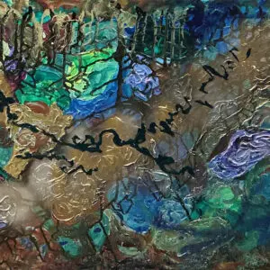 SUBLIME by Gayle Printz, an original 24x36 inch Modern Abstractionist painting on linen featuring emerald green, lapis blue, and periwinkle jewel tones veiled beneath a shimmering bronze and silver sheen.⁠