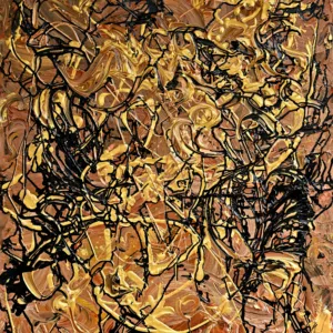 A black and gold Abstract Painting by Atlanta Contemporary Artist Gayle Printz. This modern acrylic painting is for sale online at her award winning Modern Art Gallery at Https://GaylePrintz.com