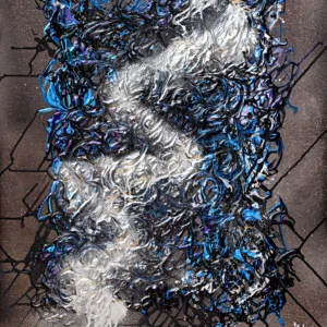 A highly textured, flowing abstract panting with Blu, bronze and silver. Another masterpiece by contemporary artist Gayle Printz