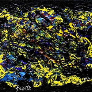Vibrant Modern Abstractionist acrylic painting featuring dynamic ribbons of primary yellow, deep cobalt blue, black, and red impasto floating over a stark white canvas by Gayle Printz.