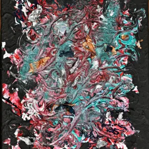 Vertical Modern Abstractionist mixed media painting featuring intricate, multi-layered impasto textures in rich burgundy, turquoise, metallic foil accents, and sparkling glitter framed by a dark textured border by Gayle Printz.