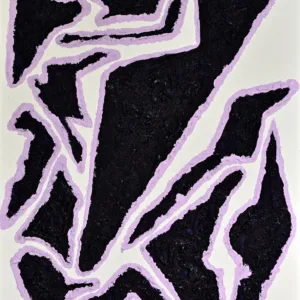 OPEN - Vertical Modern Abstractionist acrylic painting featuring angular deep violet fields outlined with soft lilac borders against a white background by World Master Artist Gayle Printz.